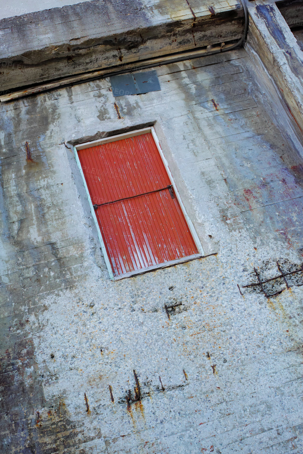 Buy stock photo Red wooden window on an old stone wall of ancient home or farmhouse. Vintage, rustic, old fashion frame on historic village building. Architecture antique structure with copyspace. Old style wallpaper