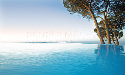 Buy stock photo View of an infinity edge pool with trees and blue sky in the, copyspace. Beautiful outdoor swimming pool at resort or luxury holiday villa. Romantic getaway with sea view for travelling in summertime