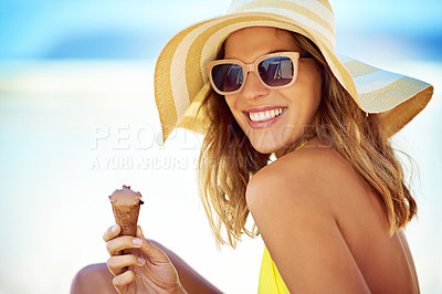 Buy stock photo Sunglasses, ice cream and portrait of woman at beach on vacation, holiday travel and summer hat. Happy, chocolate gelato and female person eating by ocean shore, smile and tourist enjoying snack.