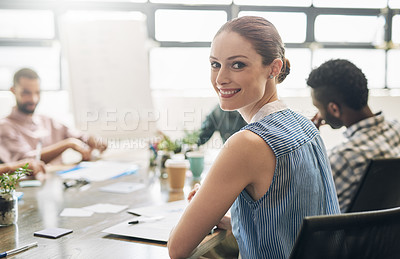 Buy stock photo Portrait of a businesswoman sitting in a meeting