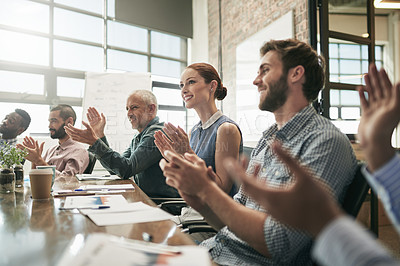 Buy stock photo Meeting, achievement and applause with a business team in the boardroom in celebration of a target or goal. Collaboration, teamwork and support with a group of colleagues clapping in the office