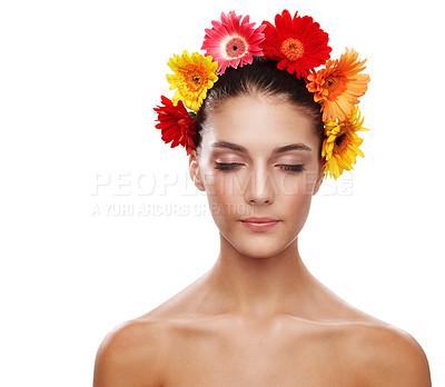 Buy stock photo Cropped shot of a beautiful young woman wearing a crown of flowers with her eyes closed