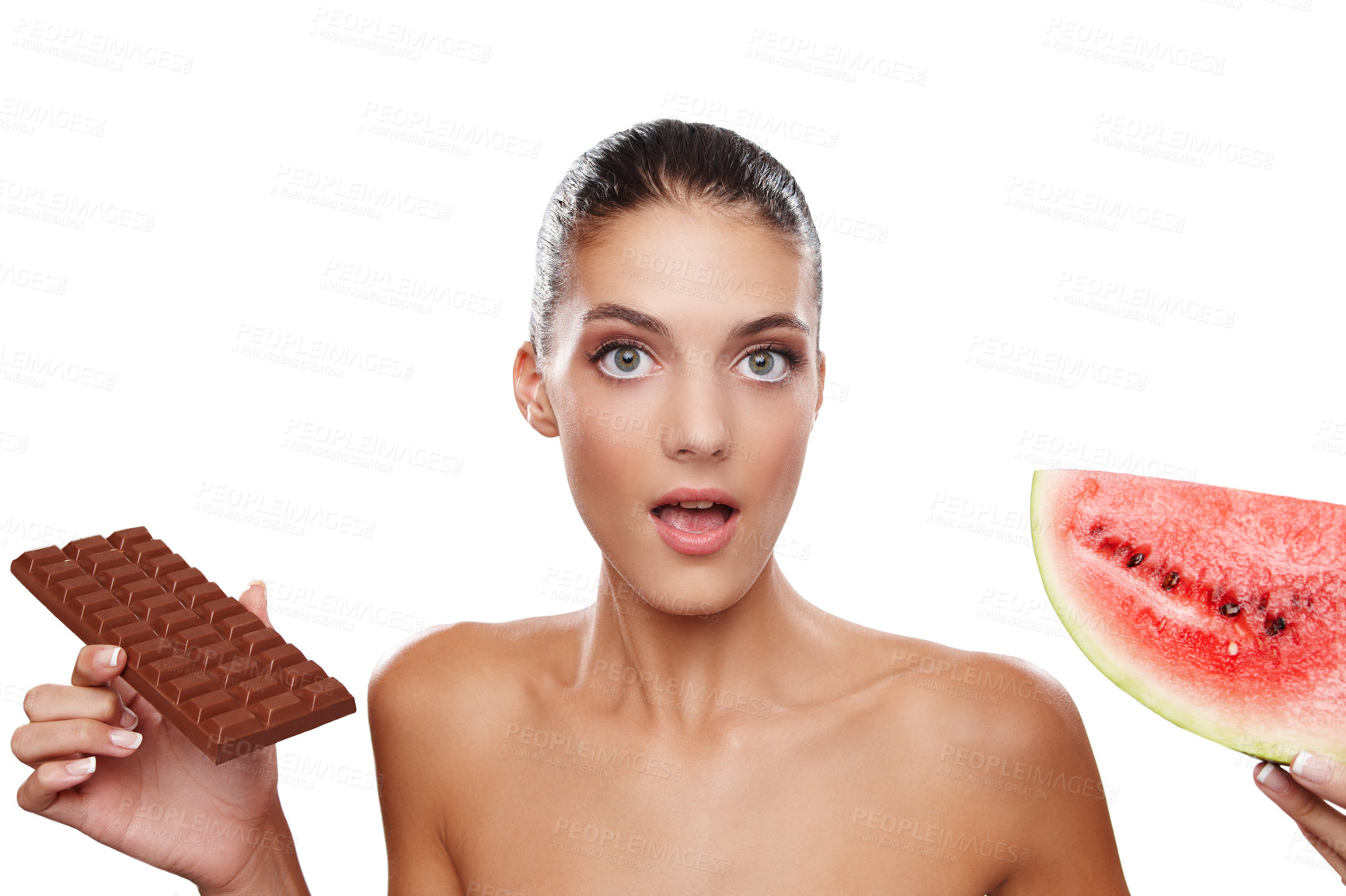 Buy stock photo Studio shot of a young woman unable to decide between a slab of chocolate or a piece of watermelon