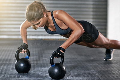 Buy stock photo Kettlebell, woman and gym with plank for fitness, exercise and training in wellness studio. Sport, workout and weight gear for muscle with athlete and resilience in health club with determination 