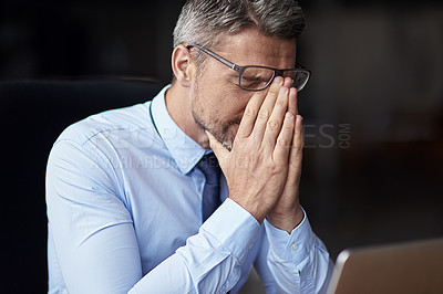 Buy stock photo Businessman, laptop and eye strain for stress in workplace, 404 glitch and headache for mistake. Mature person, fail and glasses for migraine or project management crisis, deadline panic and anxiety