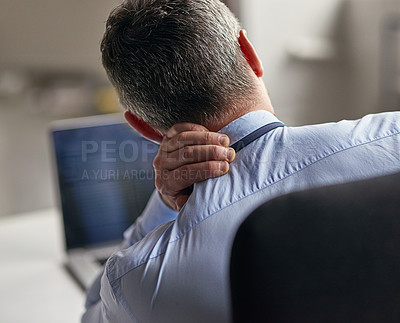 Buy stock photo Office, laptop and person with neck pain, desk and burnout with injury for accountant, accident and ache. Tired, strain and working overtime in business, spine and employee in corporate and man