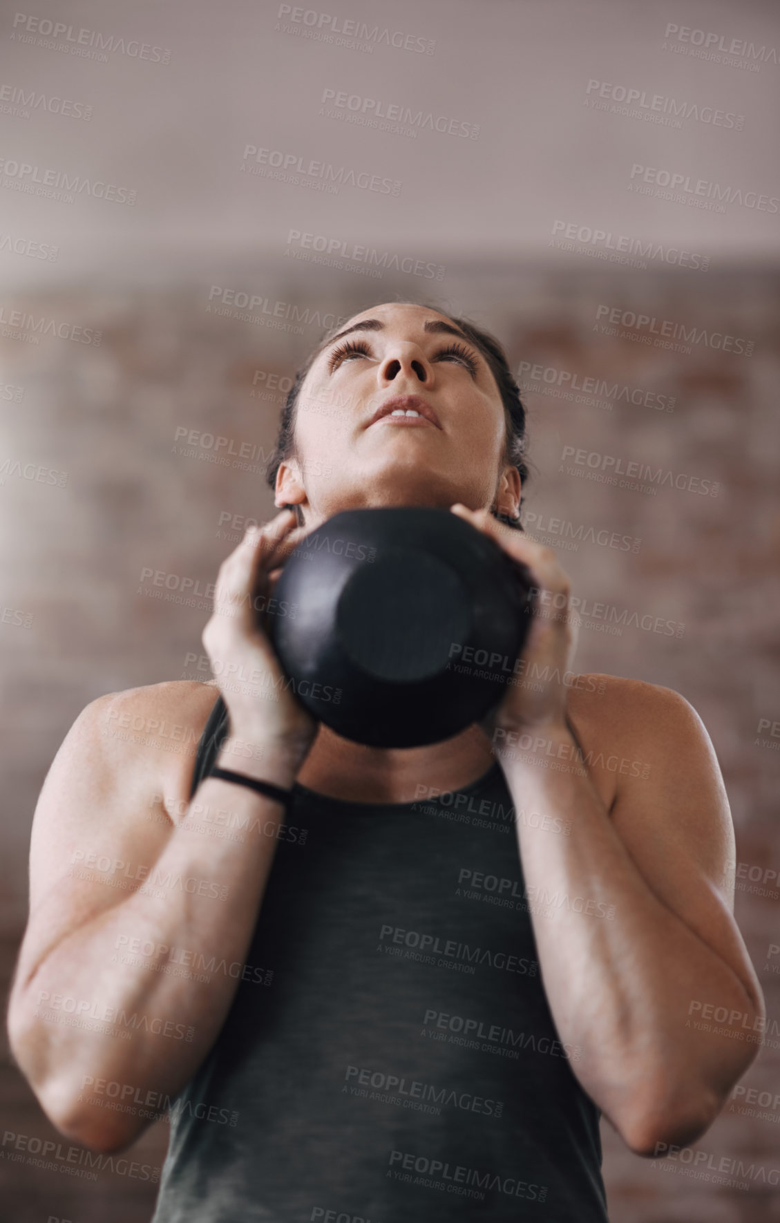 Buy stock photo Fitness, strength and woman with kettlebell in gym for muscle development, weightlifting or endurance challenge. Energy, training and athlete for bodybuilding, workout routine or performance exercise