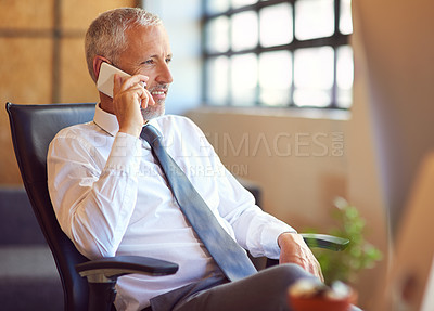 Buy stock photo Mature businessman, manager and phone call in office with communication for financial deal and negotiation. Boss, corporate employer and smartphone with networking, investment contact and feedback