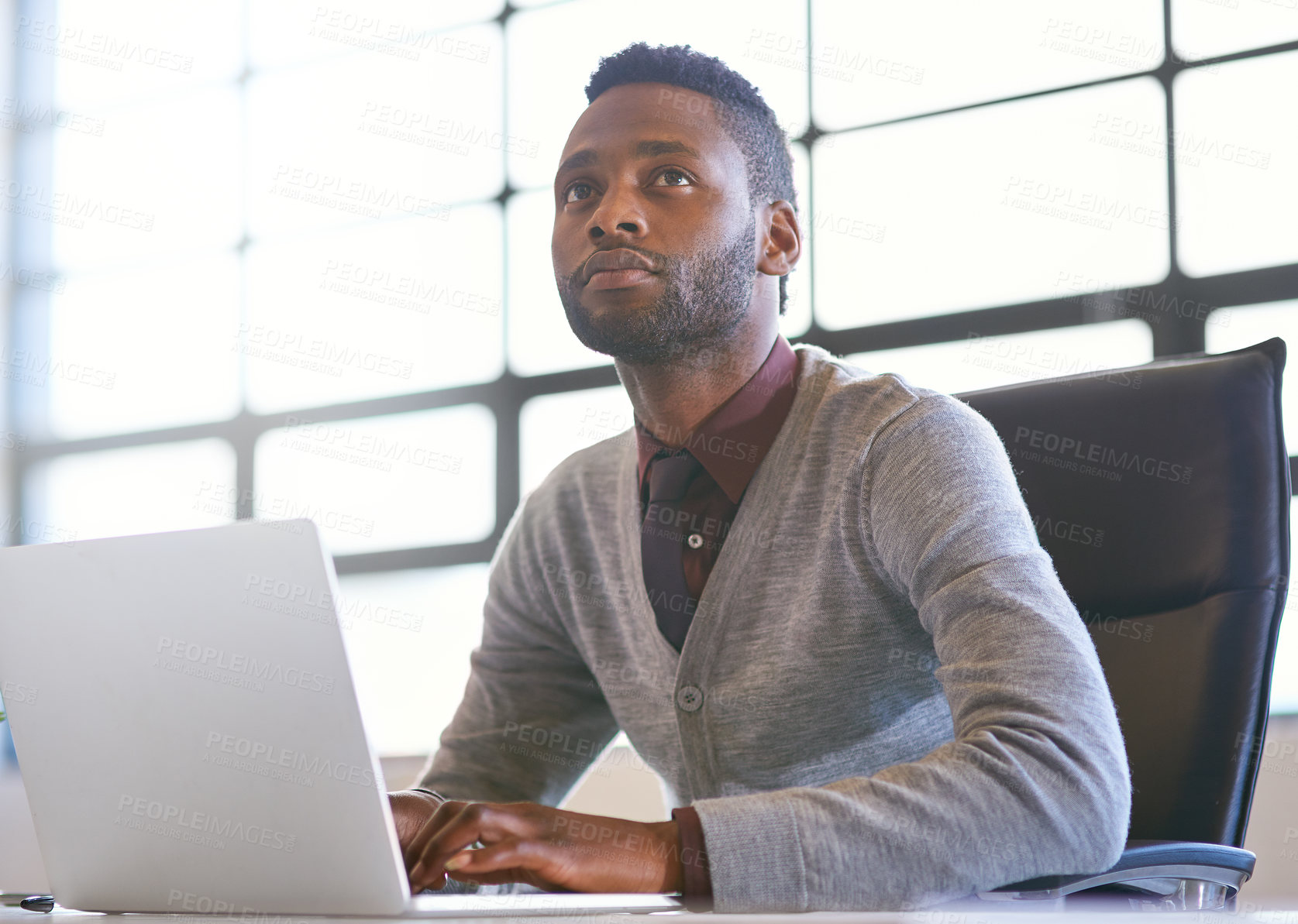 Buy stock photo Business, thinking and black man with laptop, opportunity and problem solving with decision, solution and choice. African person, web designer or employee with computer, thoughts and contemplation