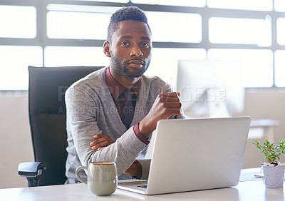 Buy stock photo Portrait, black man and technology on desk in office for creative job as web developer or graphic designer for company. Person, internet and online for website update or software reset for agency