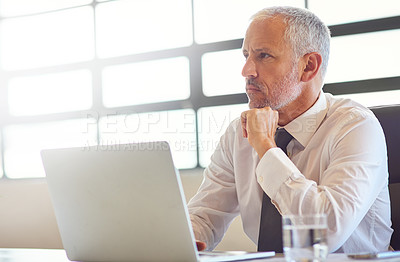 Buy stock photo Laptop, thinking and research with a business man in the office, working online to finish a project at his desk. Computer, idea and email with a mature male manager at work for company opportunity