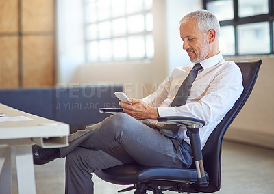 Buy stock photo CEO, internet and tablet with business man in office for email communication, management or research. Corporate, smile and technology with happy mature boss or employer reading info in workplace