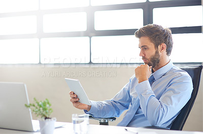Buy stock photo Business, thinking and man with tablet, ideas or opportunity with decision, choice or laptop. Person, financial advisor or employee with tech, thoughts or problem solving with solution or digital app