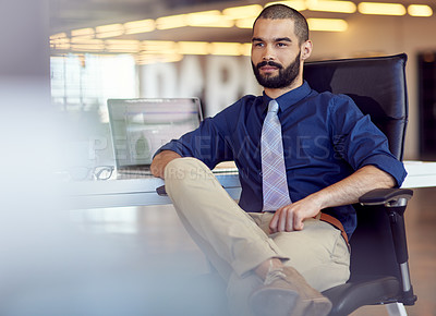 Buy stock photo Business, thinking and man at desk, laptop and opportunity with decision, solution and problem solving. Person, web designer or employee with computer, thoughts or problem solving with professional