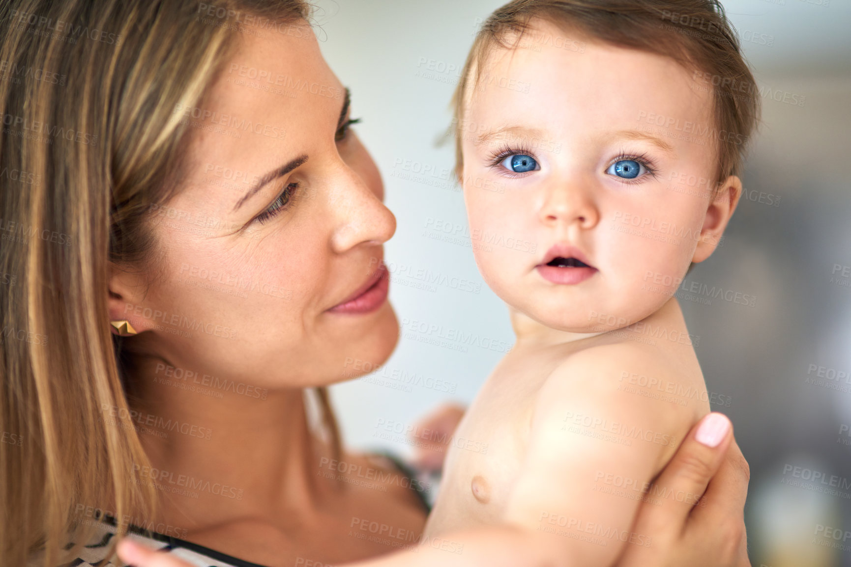 Buy stock photo Happy, bonding and portrait of baby with mother for love, protection and support together at home. Smile, cute and mom holding adorable infant, toddler or child for safety in family house in Canada.