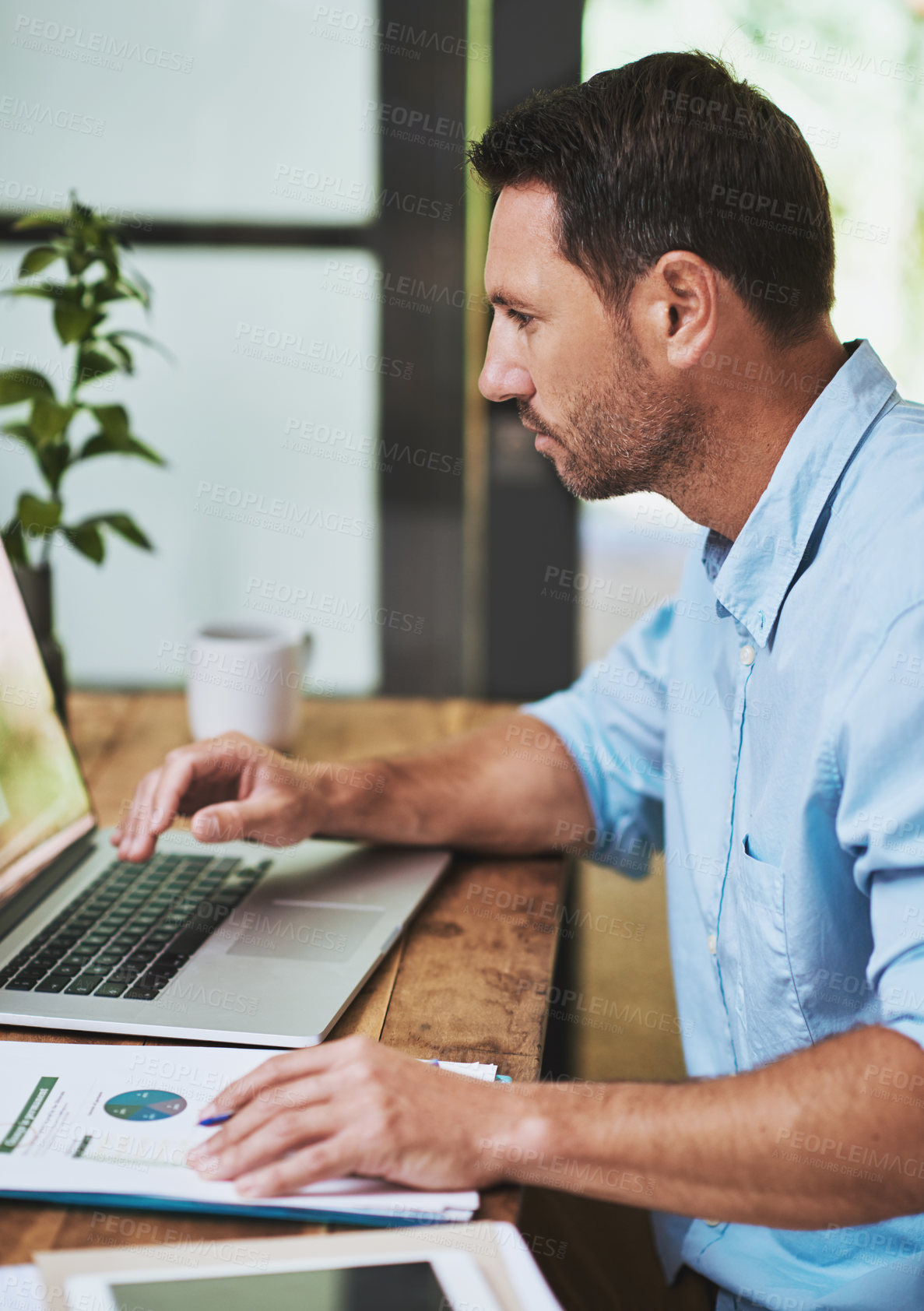 Buy stock photo Laptop, businessman and notes for online planning, email and internet for work and research. Office, desk and document for startup business for male person, graphs and financial advisor for banking