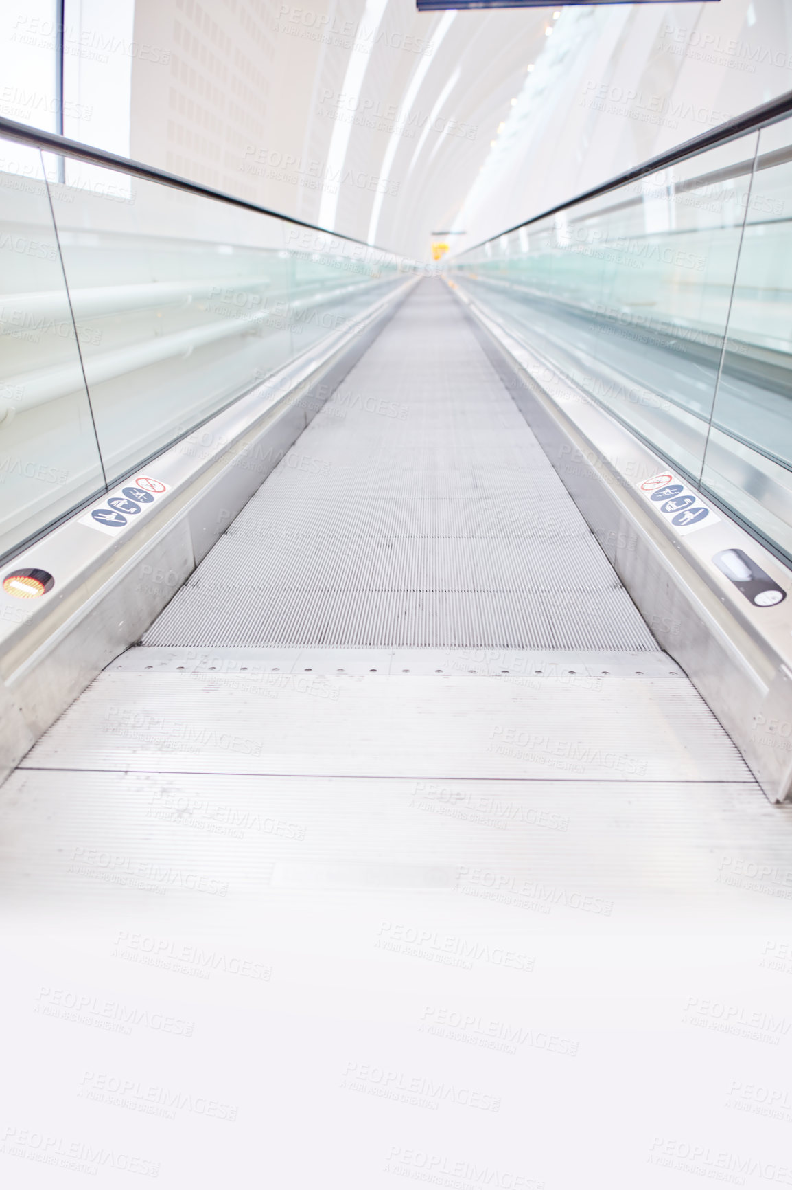 Buy stock photo Airport, moving walkway or escalator on floor for travel, transportation and speed for foot traffic. Architecture, design and building with auto sidewalk with infrastructure, system and logistics