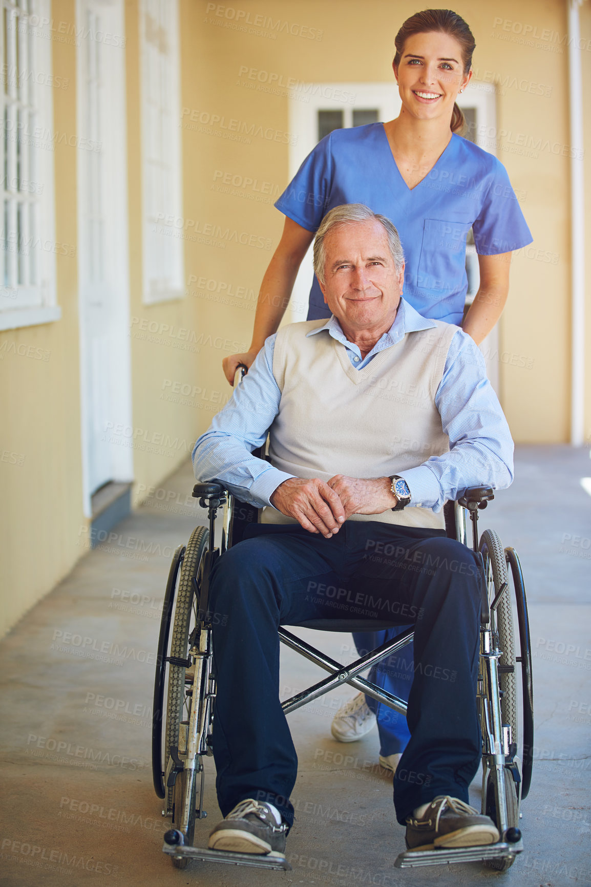 Buy stock photo Portrait, caregiver or old man in wheelchair in hospital helping an elderly patient for support in clinic. Happy, medical nurse or healthcare social worker talking to a senior person with disability