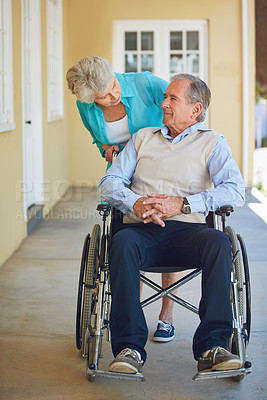 Buy stock photo Push, old woman or old man wheelchair in retirement or nursing home helping husband for support. Talking, mature couple or elderly wife with a senior person with a disability in house or clinic 