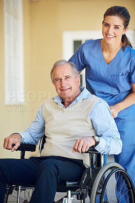 Buy stock photo Portrait smile, caregiver or old man in wheelchair in hospital clinic helping an elderly patient for trust or support. Medic, happy or healthcare caregiver pushing an senior person with a disability 