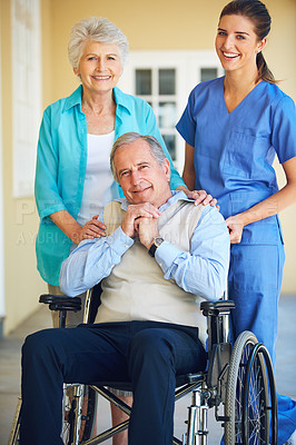 Buy stock photo Portrait of wife, caregiver or old man in wheelchair in hospital clinic helping an elderly patient for support. Happy, couple or trusted healthcare nurse smiling with senior people with a disability