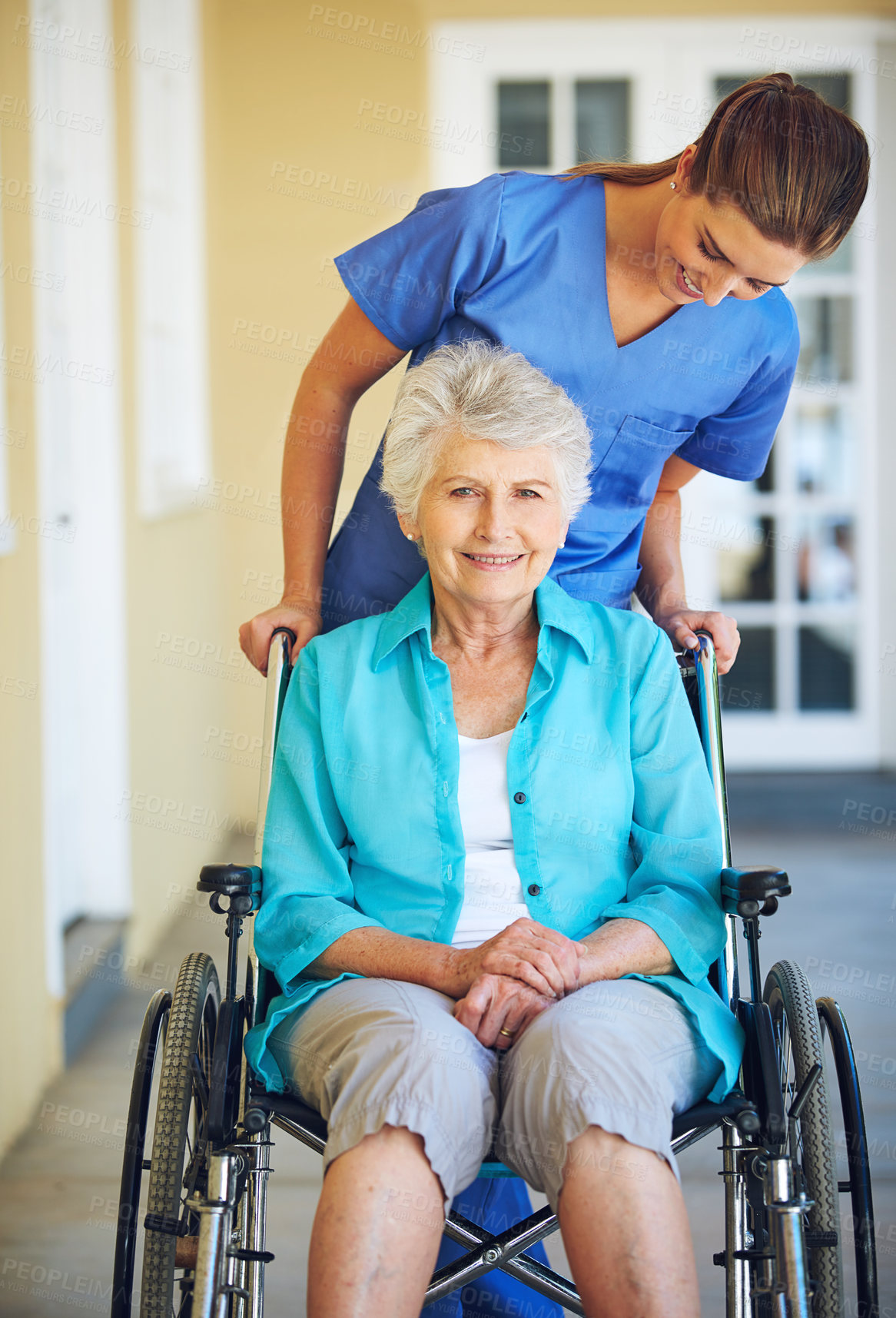 Buy stock photo Portrait, caregiver or happy old woman in wheelchair in hospital clinic helping an elderly patient for support. Trust, smile or healthcare medical nurse talking to a senior person with a disability
