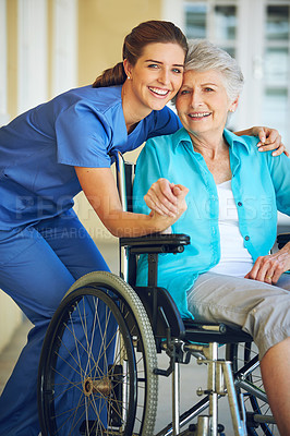 Buy stock photo Portrait, caregiver or happy elderly woman in a wheelchair in hospital helping a mature patient for support. Smile, disabled or healthcare social worker smiling with a senior person with a disability