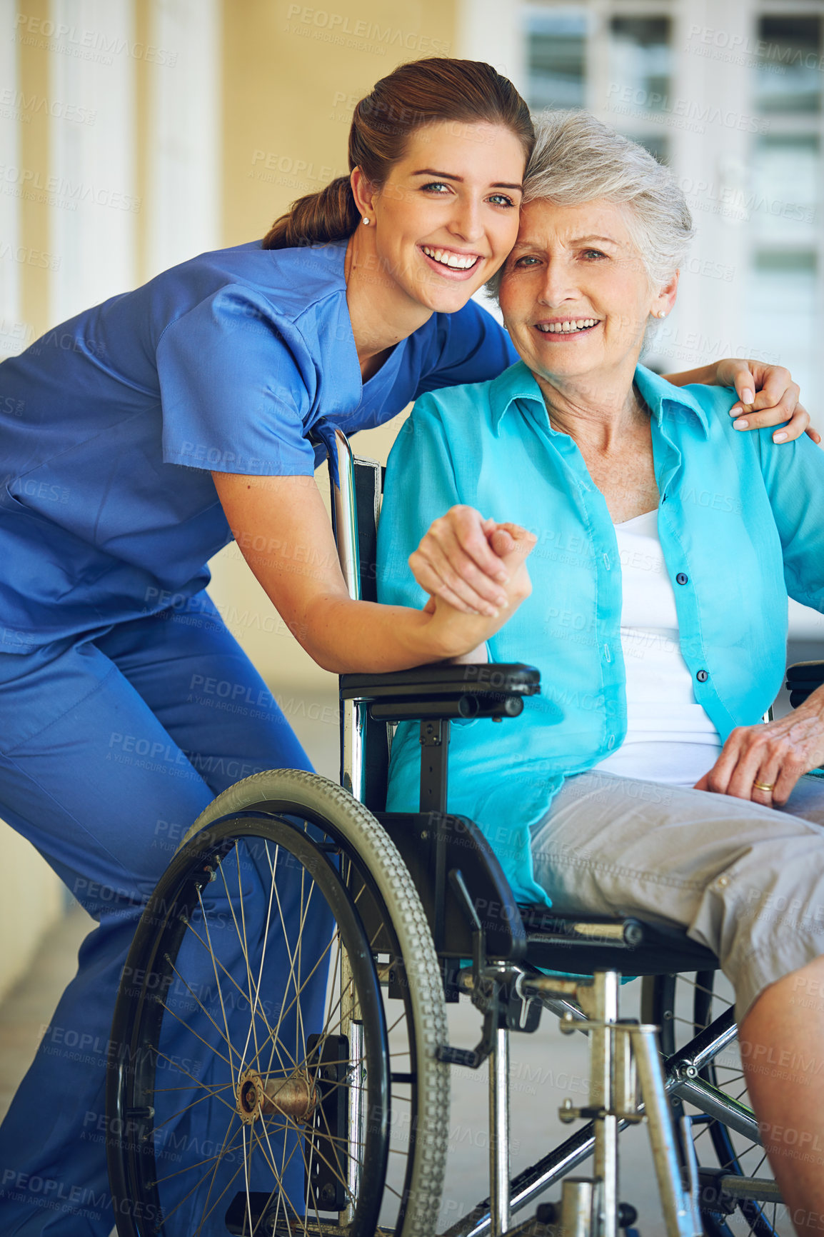 Buy stock photo Portrait, caregiver or happy elderly woman in a wheelchair in hospital helping a mature patient for support. Smile, disabled or healthcare social worker smiling with a senior person with a disability