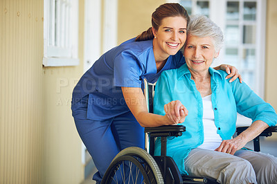 Buy stock photo Portrait, caregiver or old woman in a wheelchair in hospital helping an elderly patient for support in clinic. Happy, medical or healthcare social worker talking to a senior person with a disability