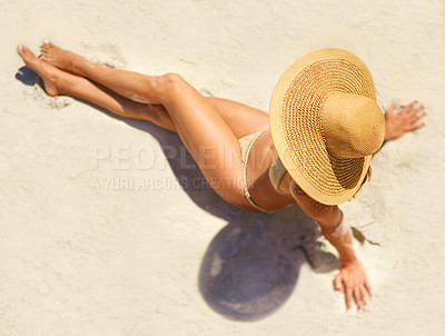 Buy stock photo Woman, relax and top view at beach for travel, vacation and tanning in Bali with tanning in bikini. Girl, hat and above outdoor in swimwear for journey, wellness and tropical holiday with sunbathing