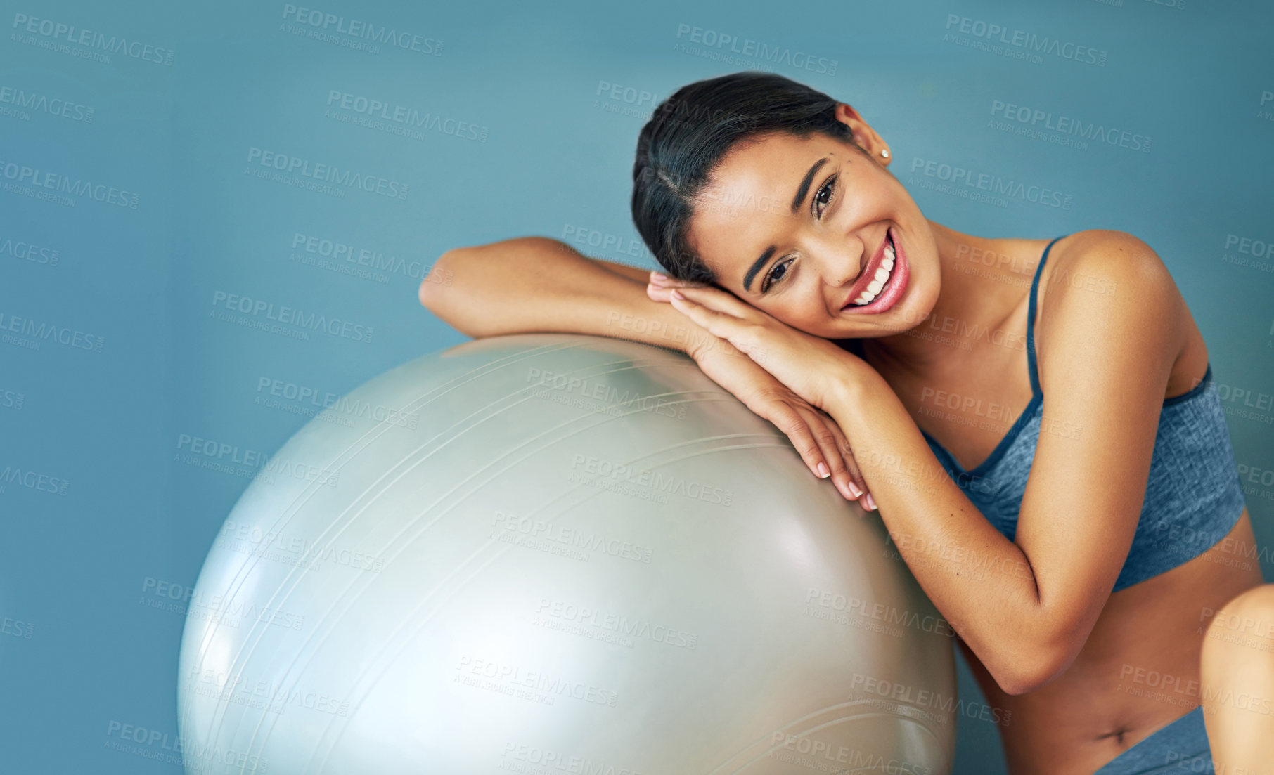 Buy stock photo Happy woman, portrait and exercise ball for health in home, fitness and floor to relax for wellness. Female person, yoga and gear for balance or core workout in studio, support equipment and training