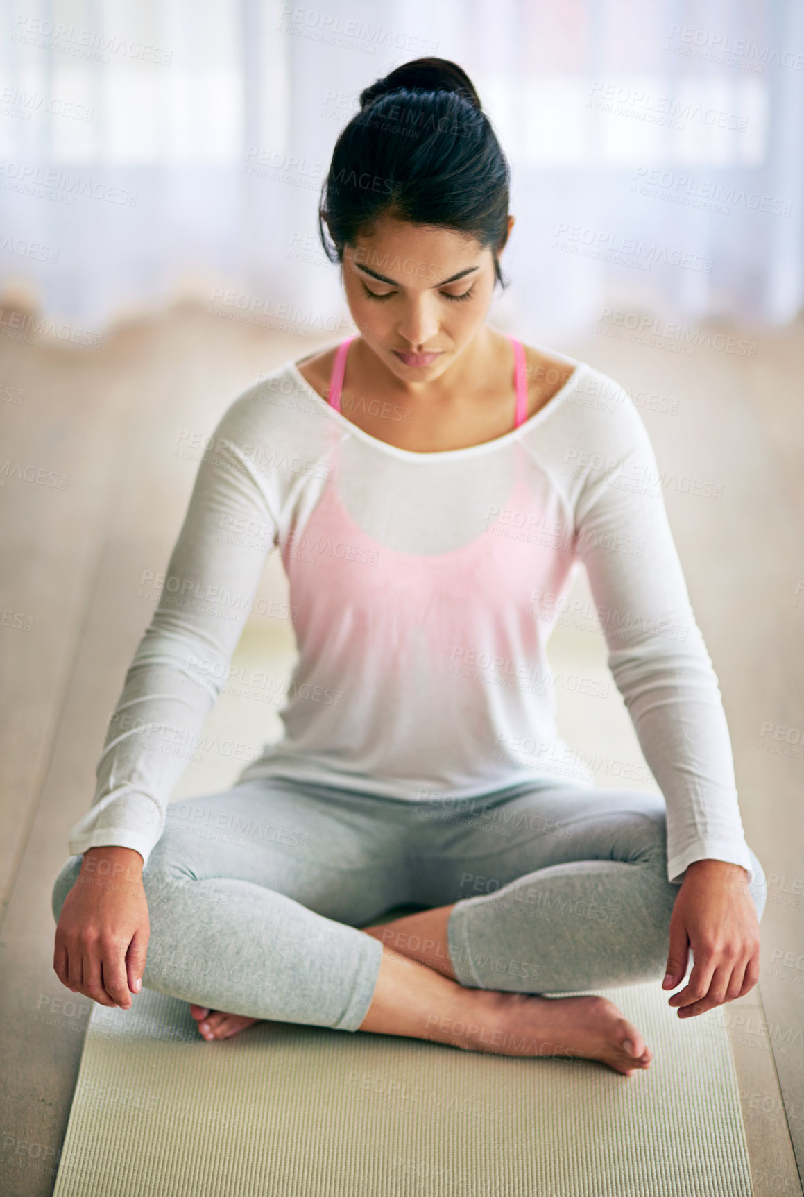 Buy stock photo Woman, yoga and relax meditation in house, zen and chakra for wellness in apartment on mat. Holistic, mindfulness and inner peace with eyes closed with yogi, awareness and tranquility in home