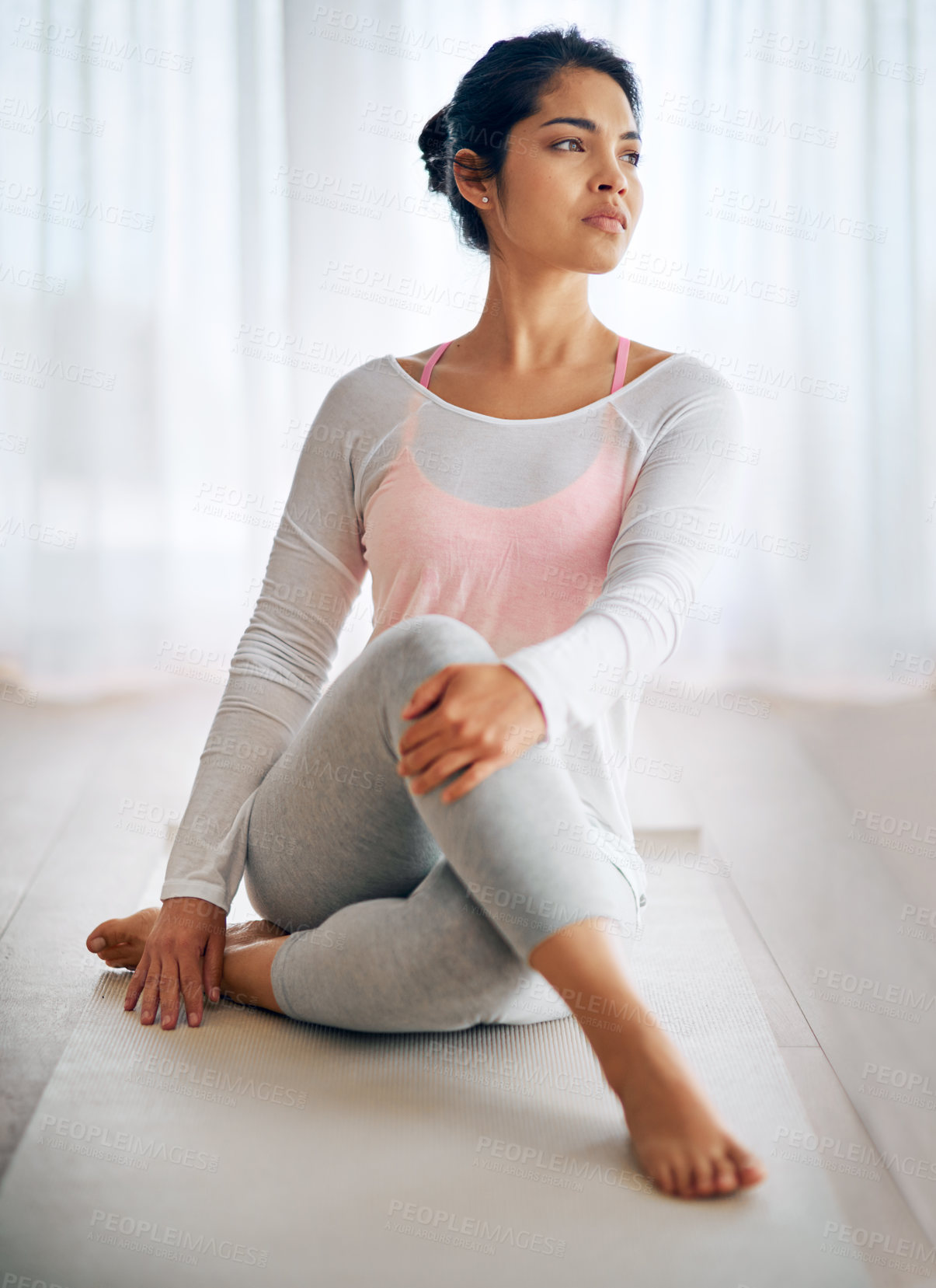 Buy stock photo Woman, thinking and yoga in home for wellness, fitness or spiritual healing on mat. Female dancer, stretching or calm mindset in living room for zen, warm up and preparation for rehearsal or movement