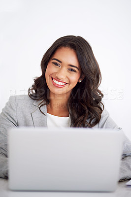 Buy stock photo Portrait, employee and woman with laptop, smile and finance clerk on white studio background. Face, happy person and consultant with pc, online system or accounting report with internet or connection