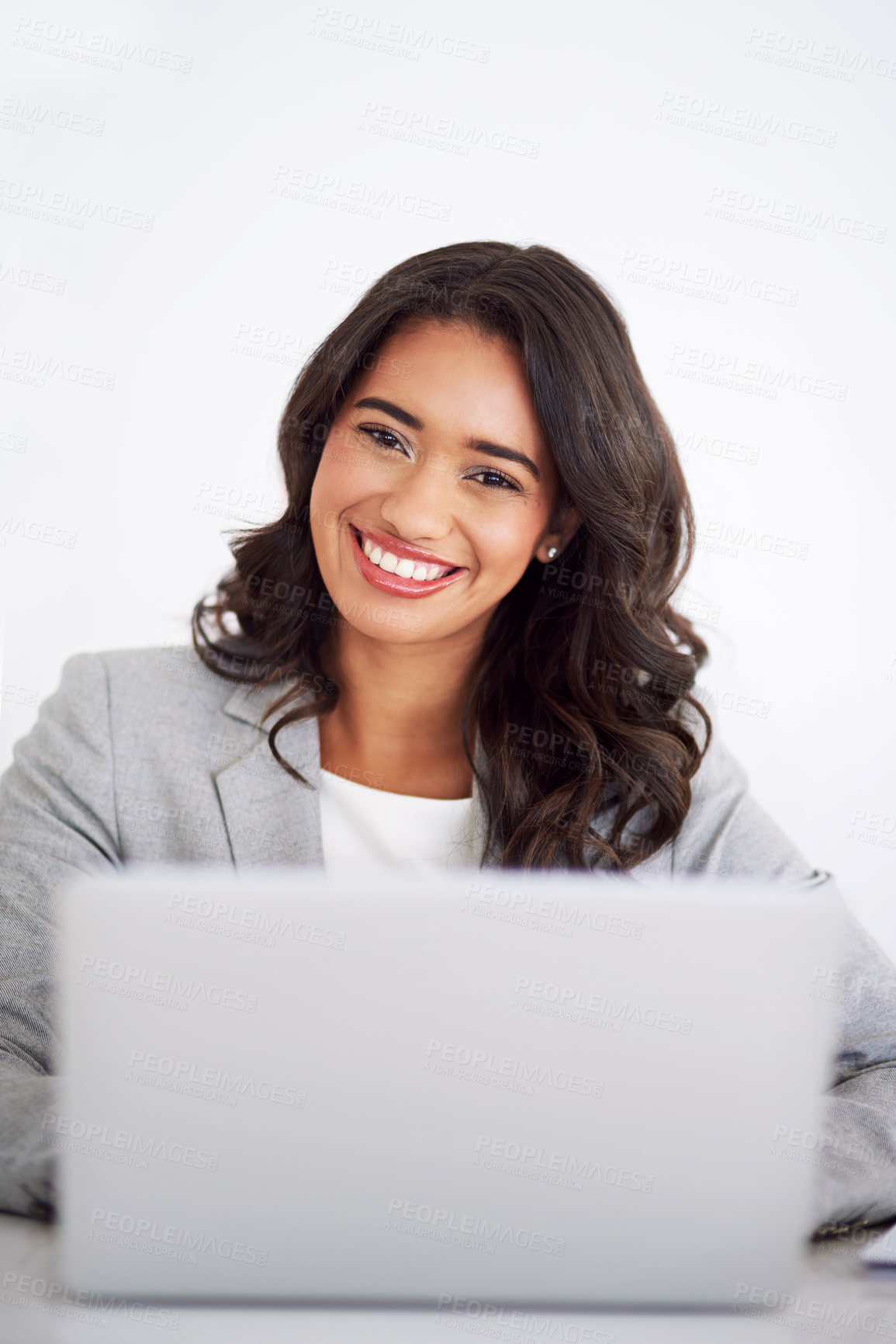 Buy stock photo Portrait, employee and woman with laptop, smile and finance clerk on white studio background. Face, happy person and consultant with pc, online system or accounting report with internet or connection