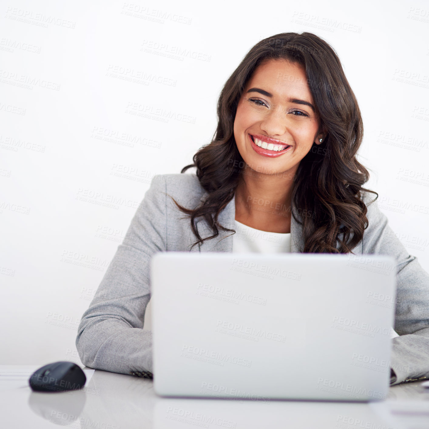 Buy stock photo Portrait, consultant and woman with laptop, smile and accountant on white studio background. Face, happy person or employee with pc, connection or professional with admin for online system or network