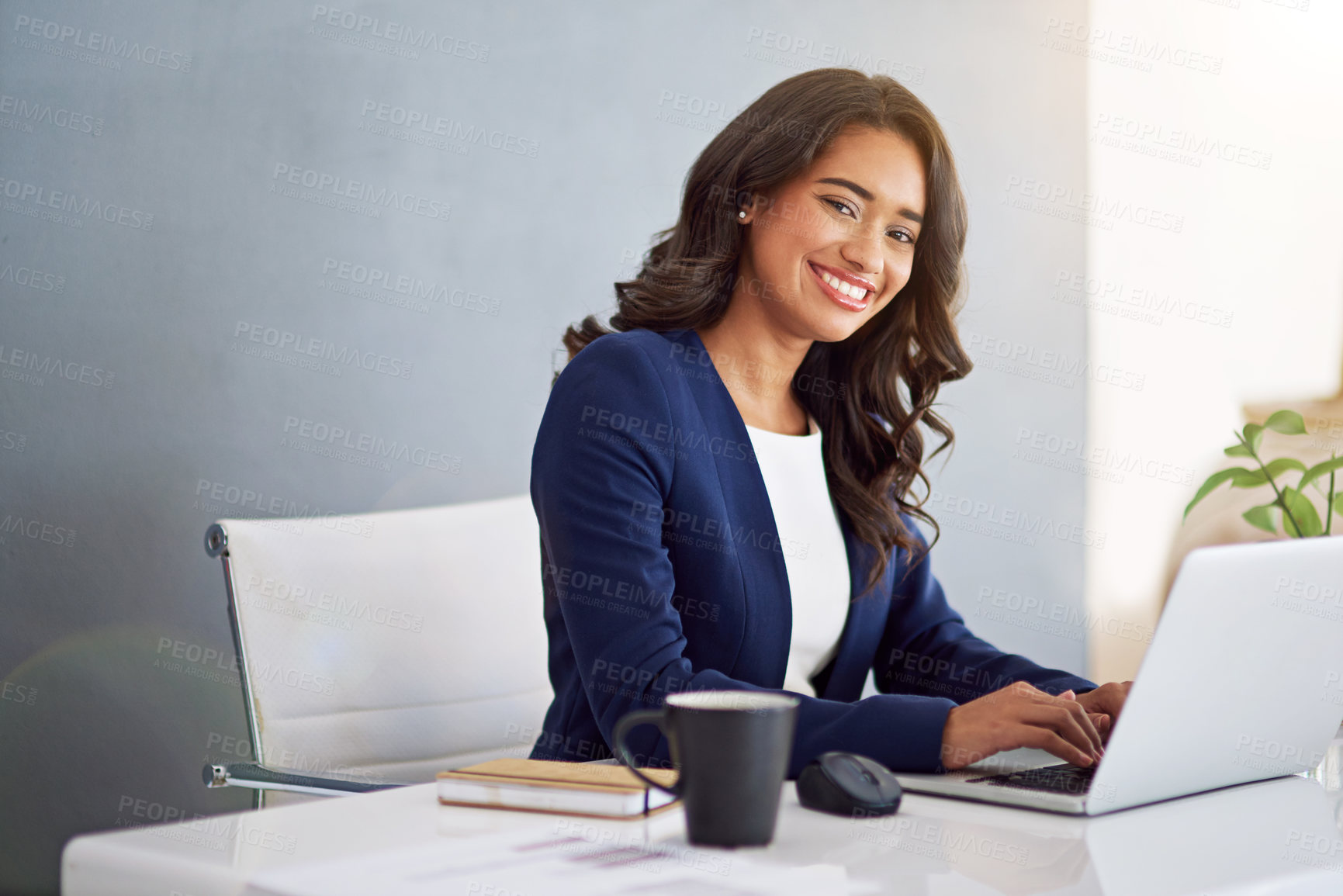 Buy stock photo Research, smile or businesswoman in portrait on laptop for consulting online, feedback or policy review. Consultant, lawyer or legal advisor on technology for case schedule, email or attorney advice