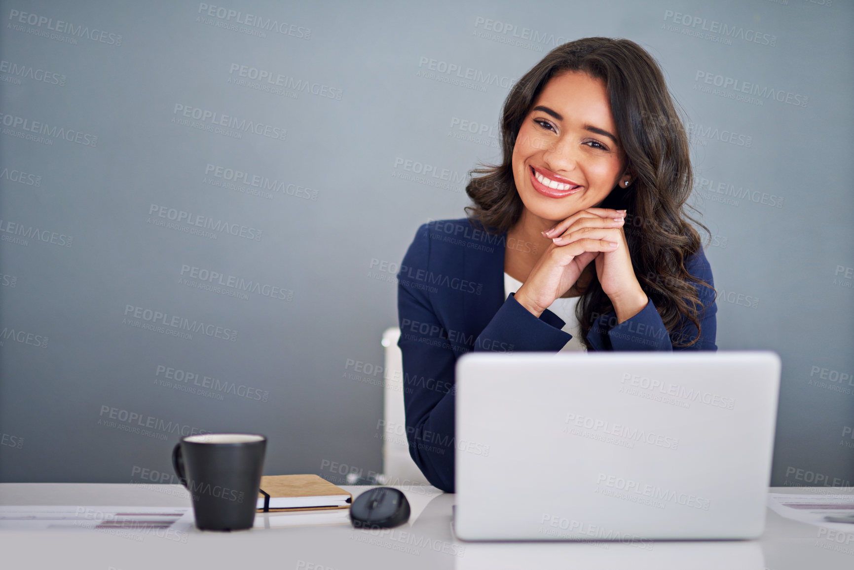 Buy stock photo Confidence, space or businesswoman in portrait on laptop for consulting online, research or policy review. Happy, lawyer or legal advisor on technology for case schedule, email and attorney advice