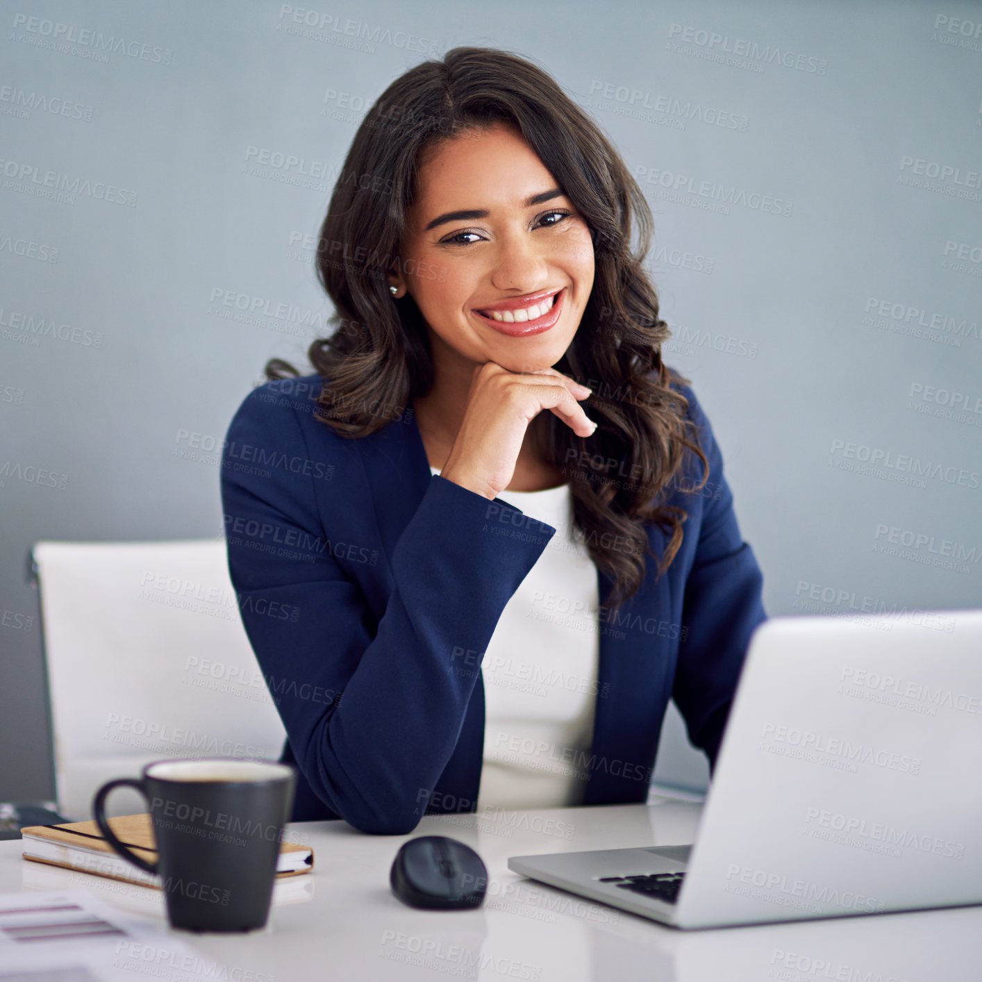 Buy stock photo Proud, business or happy woman in portrait on laptop for consulting online, research or policy review. Consultant, lawyer or legal advisor on technology for case schedule, email or attorney advice 