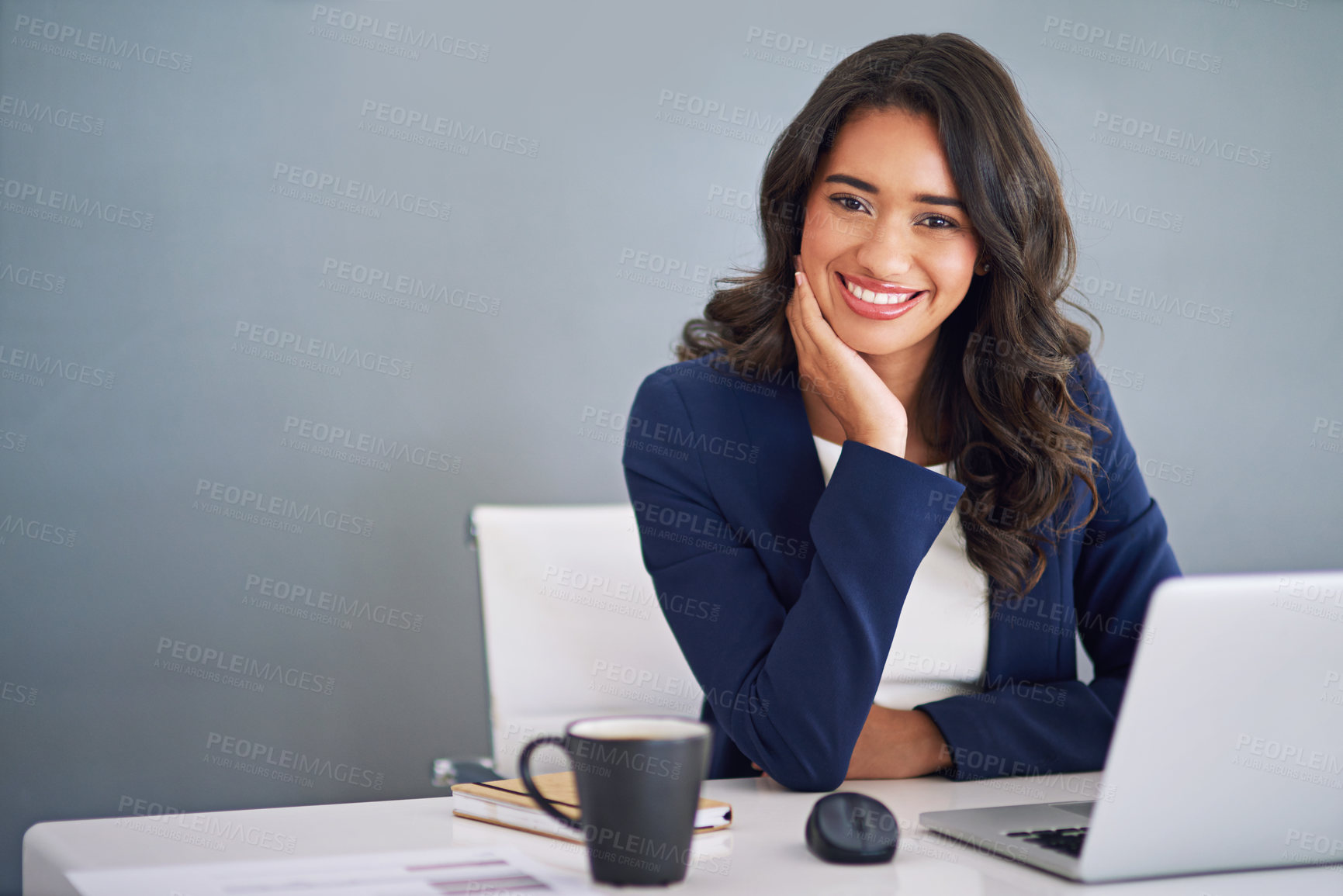 Buy stock photo Proud, space or businesswoman in portrait on laptop for consulting online, research or policy review. Confident, lawyer or legal advisor on technology for case schedule, email and attorney advice