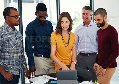 Buy stock photo Cropped shot of a group of businesspeople in a meeting