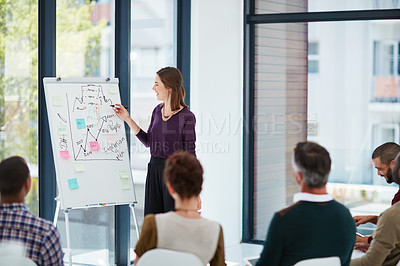 Buy stock photo Shot of a young businesswoman giving a presentation in the boardroom