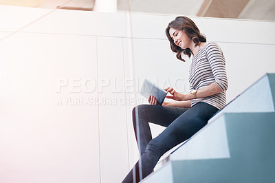 Buy stock photo Digital tablet, staircase and businesswoman in office  doing research and planning corporate project. Happy, smile and professional female employee working on company report with mobile in workplace
