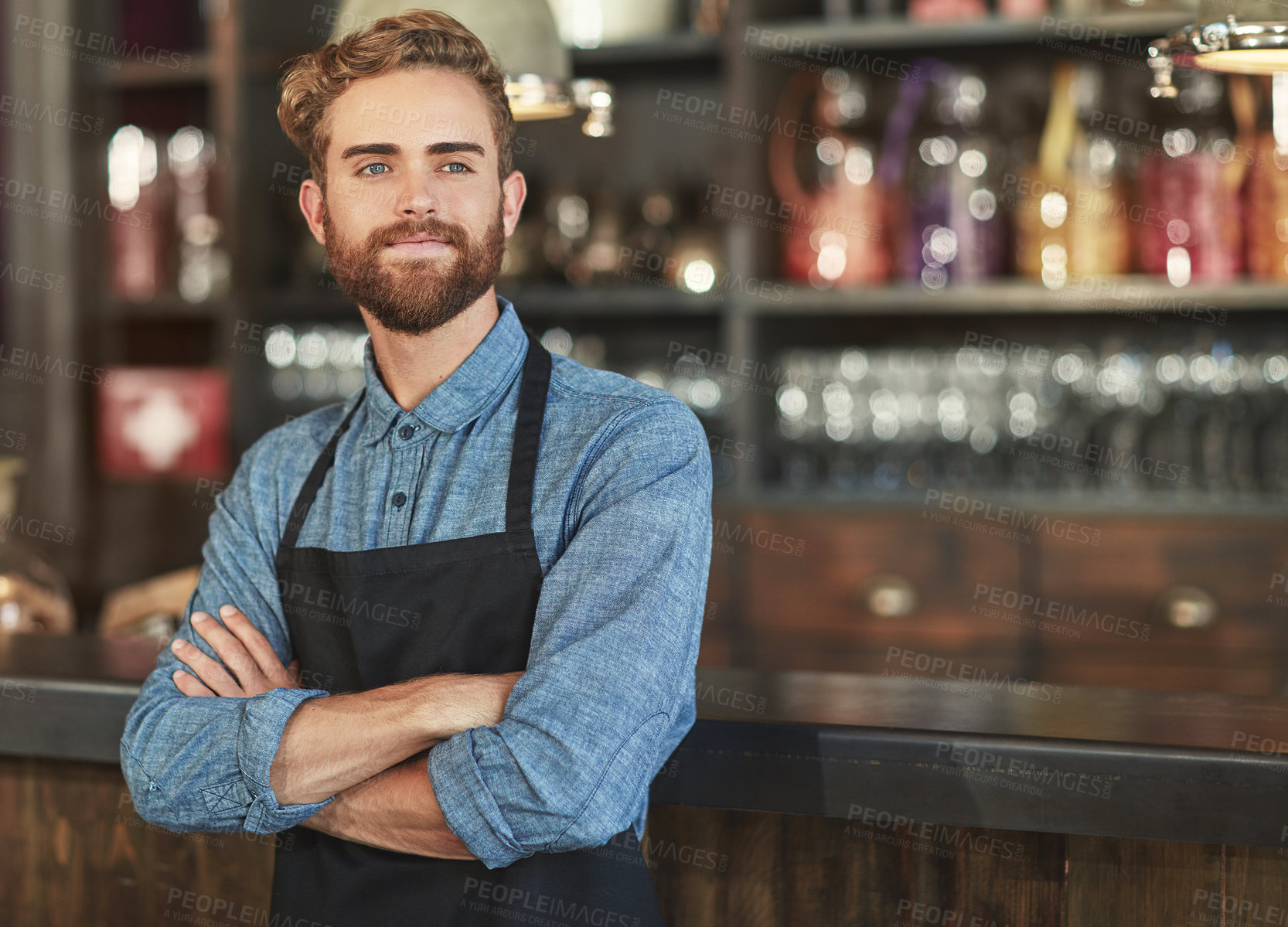 Buy stock photo Waiter, man and arms crossed in coffee shop for thinking, vision or ideas for small business, growth and future. Barista, server and person in cafeteria with reflection, insight and catering services