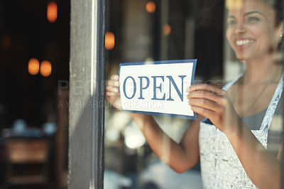 Buy stock photo Cafe open sign, window or woman happy, smile and pride for retail service, restaurant welcome or coffee shop. Small business owner, female manager or waitress person smiling for startup store opening