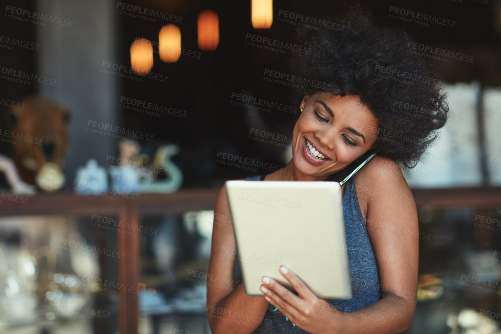 Buy stock photo Cafe store, tablet and happy woman in phone call communication with retail supplier, business contact or caller. Hospitality, conversation and person speaking, talk and chat in coffee shop restaurant