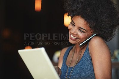 Buy stock photo Coffee shop, phone call and happy woman reading tablet date, digital inventory checklist or online delivery order. Communication, conversation and store manager talking in store, restaurant or cafe