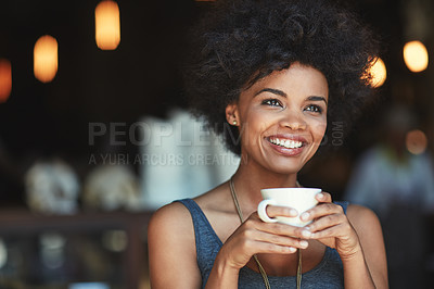 Buy stock photo Cafe, smile or woman with tea drink, hot chocolate or latte for morning hydration, wellness and drinking espresso. Happiness, relax or happy female customer in coffee shop, restaurant or retail store
