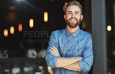 Buy stock photo Portrait, happy and man in a cafe, arms crossed and startup success with employment, business owner or joyful. Face, male employee or confident entrepreneur with a smile, coffee shop and professional