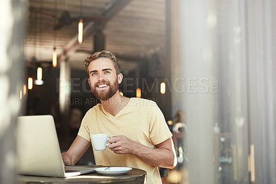 Buy stock photo Coffee shop laptop, happy and man think of freelance blog inspiration, online retail review or cafe idea. Thinking, remote work and small business owner, customer or person smile for store plan
